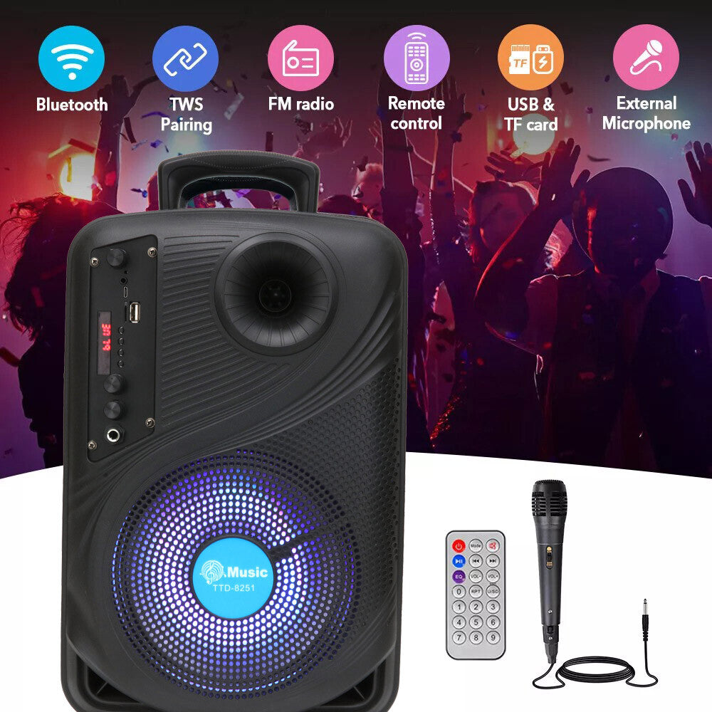 8 In Portable Bluetooth Speaker With Mic Subwoofer Heavy Bass Sound System Party