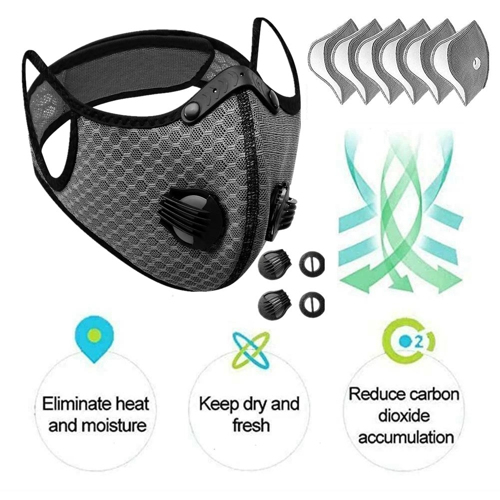 Mascarilla deportiva para ciclismo con filtro de carbono activado y válvulas de respiración